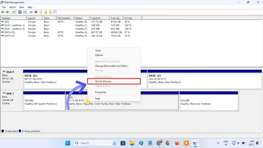 Click on the Shrink Volume option