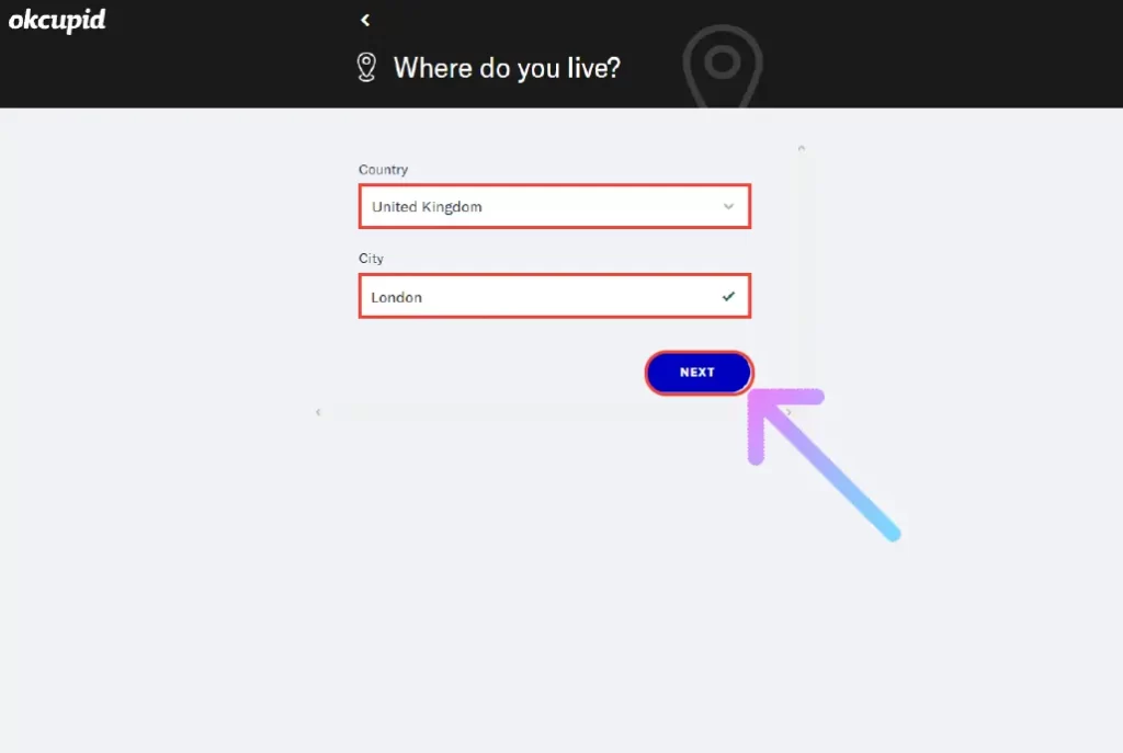 Select your country and cit and click on next