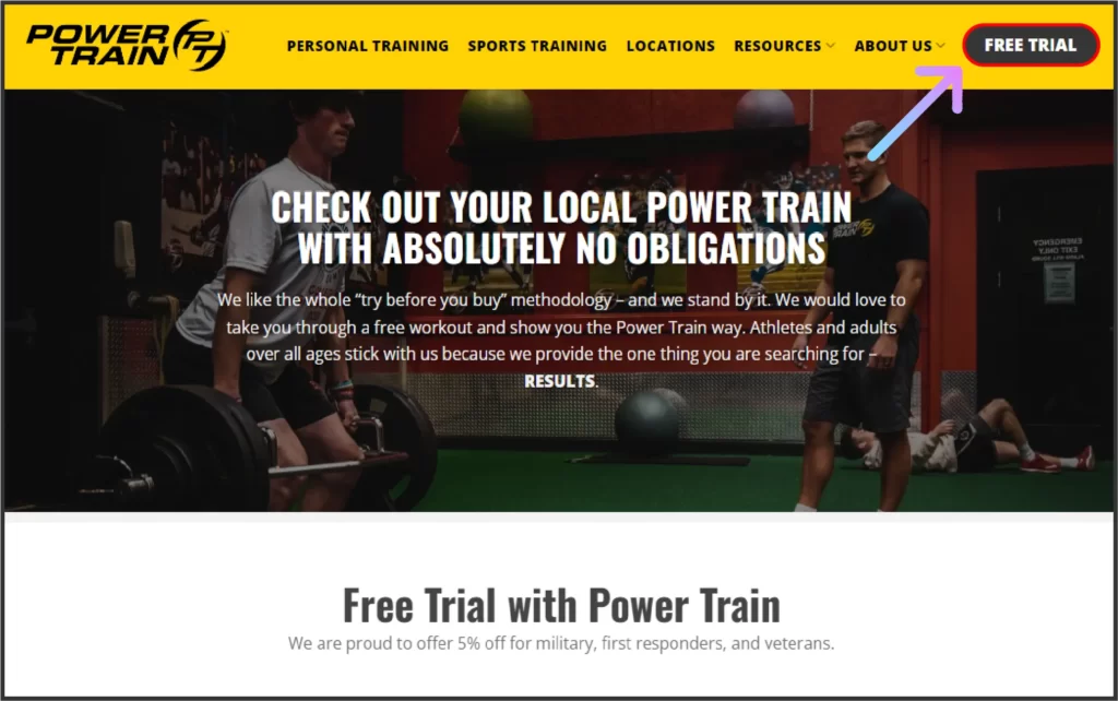 Open the Power Train Sports website and click on Free trial to start Power Train Sports free trial