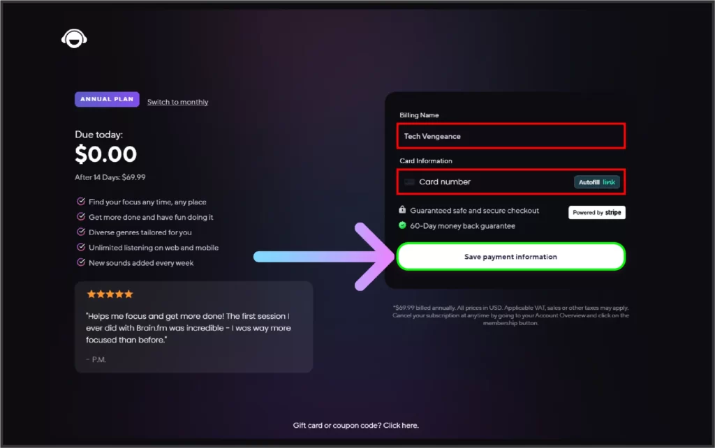 enter the payment information and click on Save Payment information