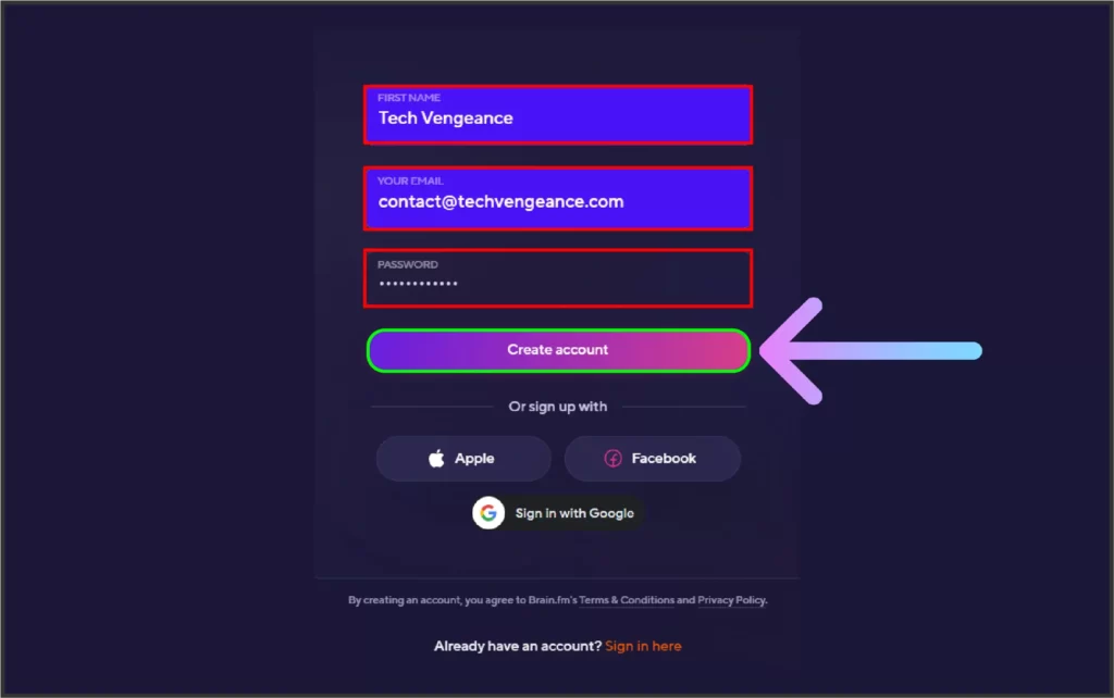 type the required information and click on Create account button