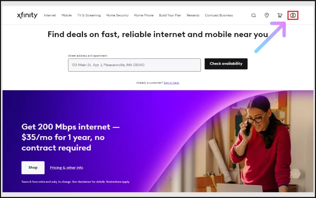 Click on the Profile icon on Xfinity website
