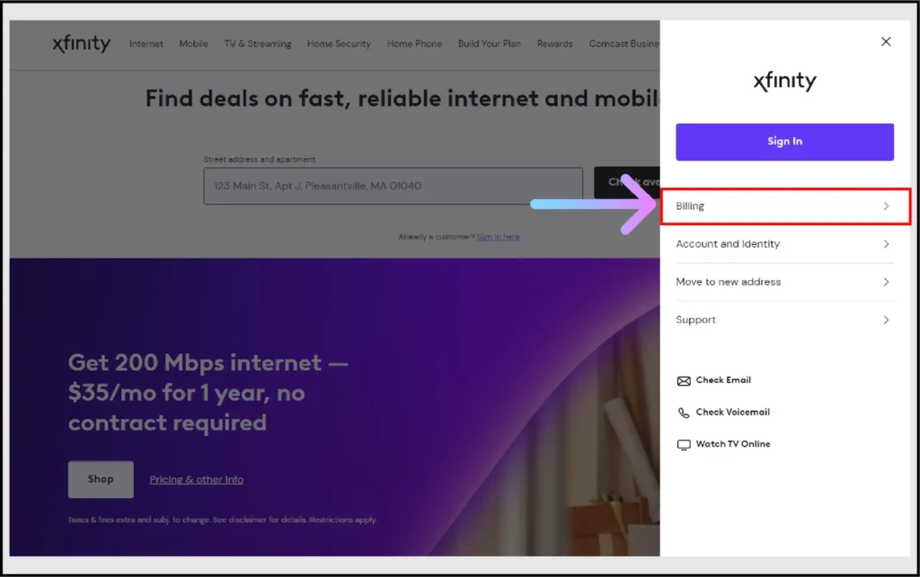 Select Billing option on Xfinity website
